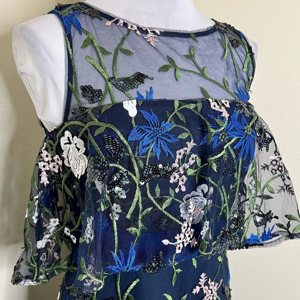JS Collections Amira Popover Tea Dress 2 XS Floral Embroidered Midi Sequin Navy - Picture 7 of 13